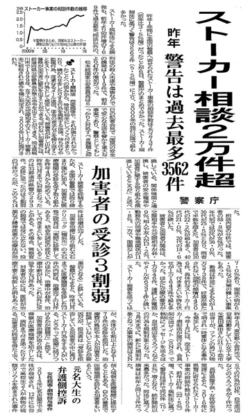 信濃新聞「ストーカー相談2万件越え」